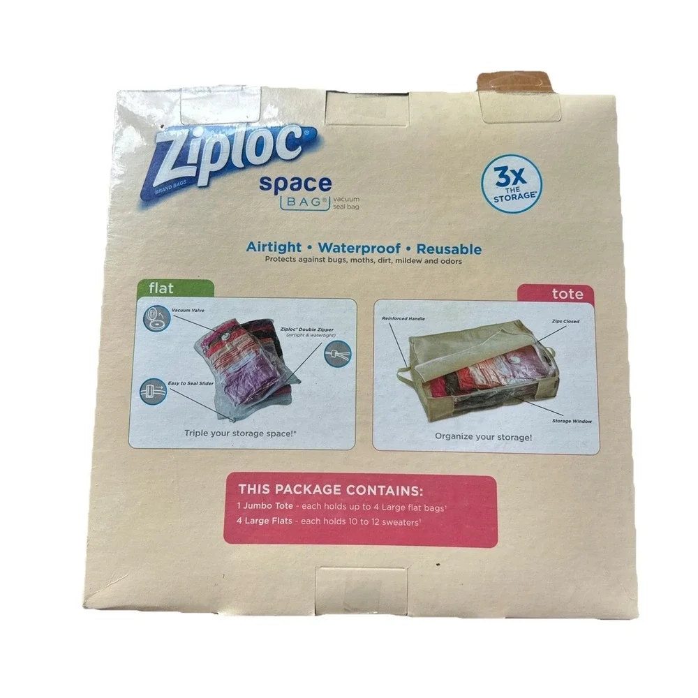Ziploc Space Bag 1 Jumbo Tote 4 Large Flat Storage Compression Bags Reusable NEW